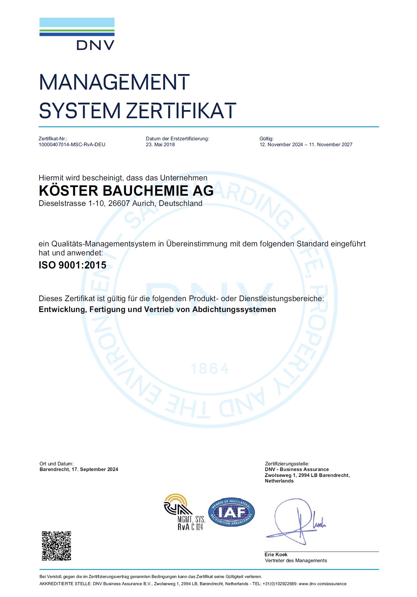 Zertifikat Qualitätsmanagement-System